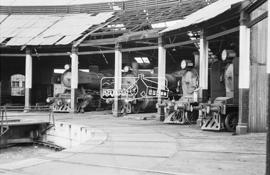 Photograph, Steam locomotives J-516, N-464, D3-629 and K-162 in the locomotive workshop at Seymour Railway Station, c.May 1963, 1963