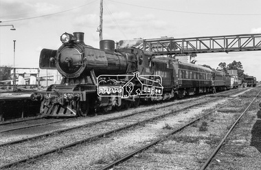 Photograph, Steam locomotive J-521 with the Royal Train at Echuca Railway Station during a visit by the new Governor of Victoria, His Excellency Sir Rohan Delacombe, c.May 1963