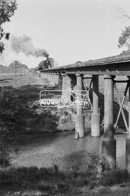 Photograph, Steam locomotive K-158 crossing the railway bridge over the Campaspe River at Rochester, Victoria, c.November 1963, 1963