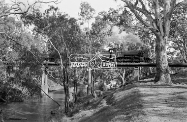 Photograph, Steam locomotive K-158 crossing the railway bridge over the Campaspe River at Rochester, Victoria, c.November 1963, 1963