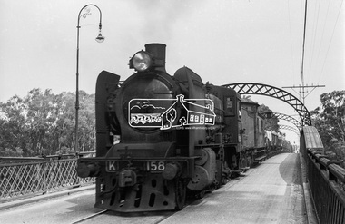 Photograph, Steam locomotive K-158 and goods train crossing the Echuca-Moama Road Rail Bridge, November 1963, 1963