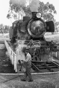 Photograph, Steam locomotive J-526 on the turntable, Echuca Railway Station, November 1963, 1963