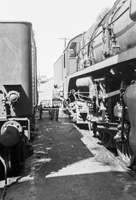 Photograph, Steam locomotives J-513 and R-727 outside the locomotive workshop, Echuca Railway Station, November 1963, 1963
