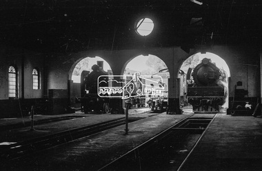 Photograph, Steam locomotives K-155, J-513 and R-727 outside the locomotive workshop, Echuca Railway Station, November 1963, 1963