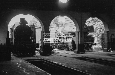Photograph, Steam locomotives K-155, J-513 and R-727 outside the locomotive workshop, Echuca Railway Station, November 1963, 1963