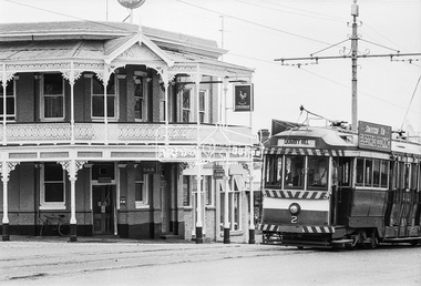 Photograph, Bendigo Tramways No. 2 en route from Quarry Hill outside the Victoria Hotel near the intersection of High Street at Victoria Street, Eaglehawk, January 1972, Jan 1972