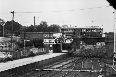 Photograph, Bendigo Tramways No. 2 en route to Quarry Hill passes over the Mitchell Street Railway Bridge, Bendigo, January 1972, Jan 1972