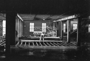 Photograph, Timber salvage during demolition of former warehouses and wool sheds at Victoria Dock, Melbourne, c.May 1974, May 1974