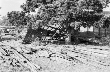 Photograph, Timber salvage during demolition of former Templestowe Cool Store, c.November 1974, November 1974