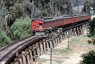 Photograph, A Tait (Red Rattler) train passes over the Eltham Trestle Bridge as it heads into Eltham, c. January 1983, 1983