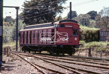 Photograph, Single Motor Carriage 472M (Red Rattler) Tait train from Hurstbridge arriving at Eltham Station, c.January 1983, 1983