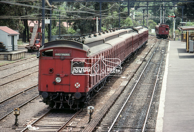Photograph, A Tait (Red Rattler) train in a siding at Eltham Railway Station, c.January 1983, 1983