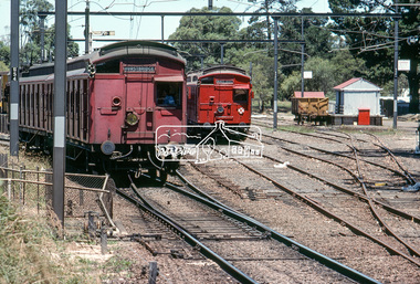 Photograph, Hurstbridge bound two coach set (Red Rattler) Tait Sunday service train departs Eltham Station, c. January 1983, 1983
