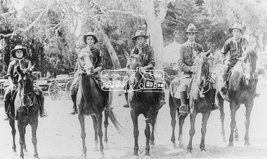 Photograph, Diamond Creek Mounted Scouts; Scoutmaster McWiggan second from right with his brother first on right, 1920s