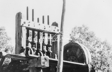 Photograph, Fraser & Chalmers LD. Erith England No 110 Stamp Mill for processing gold ore, possibly used at Diamond Creek Gold mine
