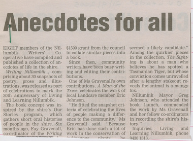 Newspaper Clipping, Anecdotes for all, Dimanond Valley Leader, 21 September 2005, 2005