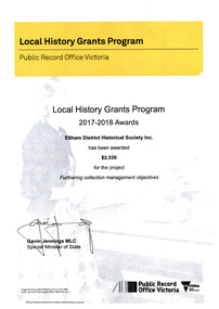 Document - Award Certificate, Local History Grants Program 2017-2018 Awards, Eltham District Historical Society;  Public Record Office Victoria, 2018