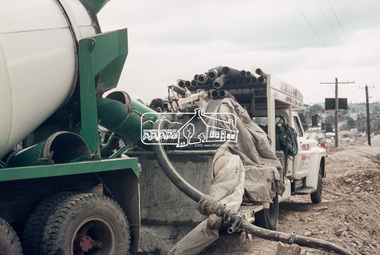 Slide, Sherbourne Road overpass, Briar Hill, Concrete pump truck, 28 July 1970, 1970