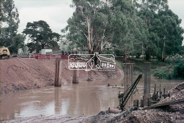 Slide, Construction of new bridge, looking upstream from east bank towards existing Lintons Bridge across Arthurs Creek, Doctors Gully Road, Nutfield, 22 February 1972, 1972