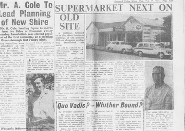 Newspaper clipping, Supermarket next on old site, Diamond Valley Mirror, Wed. Feb 17, 1965, p5, 1965