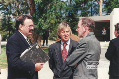 Photograph, Ian Jelbart (right) and Robert Marshall (centre) at the launch of the Kinloch Gardens development, 93 Arthur Street, Eltham, April 1998, April 1998