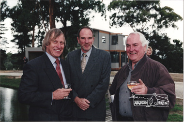 Photograph, Nillumbik Shire President Robert Marshall on left with Architects Ian Jelbart (centre) and Graeme Gunn at the launch of the Kinloch Gardens development, 93 Arthur Street, Eltham, April 1998