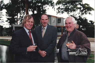 Photograph, Nillumbik Shire President Robert Marshall on left with Architects Ian Jelbart (centre) and Graeme Gunn at the launch of the Kinloch Gardens development, 93 Arthur Street, Eltham, April 1998, April 1998
