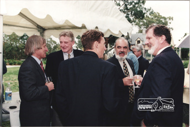 Photograph, Nillumbik Shire President Robert Marshall (left), Planning Minister Rob Maclellan (centre back to camera) and Cr. John Graves (right) at the launch of the Kinloch Gardens development, 93 Arthur Street, Eltham, April 1998