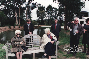 Photograph, Standing L-R: Planning Minister Rob Maclellan, Shire President Robert Marshall and Architect Graeme Gunn at the launch of the Kinloch Gardens development, 93 Arthur Street, Eltham, April 1998