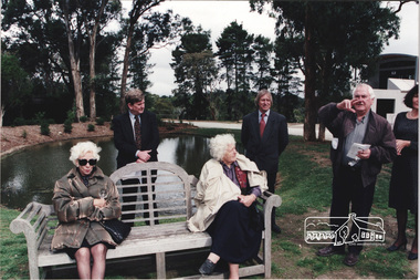 Photograph, Standing L-R: Planning Minister Rob Maclellan, Shire President Robert Marshall and Architect Graeme Gunn at the launch of the Kinloch Gardens development, 93 Arthur Street, Eltham, April 1998, April 1998
