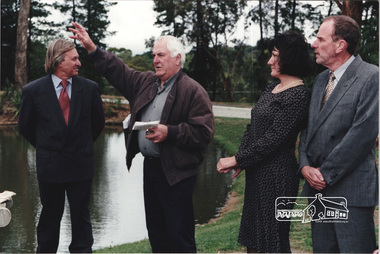 Photograph, Standing L-R: Nillumbik Shire President Robert Marshall, Architect Graeme Gunn and owners Architect Ian Jelbart and his wife, Christine Jelbart at the launch of the Kinloch Gardens development, 93 Arthur Street, Eltham, April 1998, April 1998