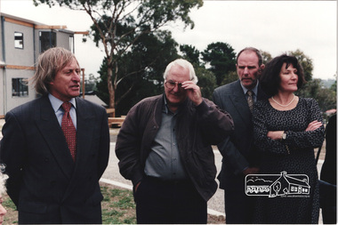 Photograph, Standing L-R: Nillumbik Shire President Robert Marshall, Architect Graeme Gunn and owners Architect Ian Jelbart and his wife, Christine Jelbart at the launch of the Kinloch Gardens development, 93 Arthur Street, Eltham, April 1998, April 1998
