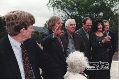 Photograph, Standing L-R: Planning Minister Rob Maclellan, Shire President Robert Marshall, Architect Graeme Gunn and owners Architect Ian Jelbart and his wife, Christine Jelbart and unk. at the launch of the Kinloch Gardens development, 93 Arthur Street, Eltham, April 1998