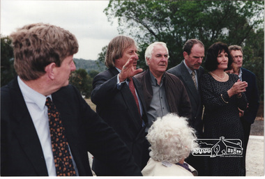 Photograph, Standing L-R: Planning Minister Rob Maclellan, Shire President Robert Marshall, Architect Graeme Gunn and owners Architect Ian Jelbart and his wife, Christine Jelbart and unk. at the launch of the Kinloch Gardens development, 93 Arthur Street, Eltham, April 1998, April 1998