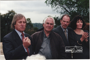 Photograph, Standing L-R: Nillumbik Shire President Robert Marshall, Architect Graeme Gunn and owners Architect Ian Jelbart and his wife, Christine Jelbart at the launch of the Kinloch Gardens development, 93 Arthur Street, Eltham, April 1998, April 1998