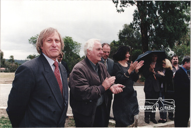Photograph, Standing L-R: Nillumbik Shire President Robert Marshall, Architect Graeme Gunn and owners Architect Ian Jelbart and his wife, Christine Jelbart at the launch of the Kinloch Gardens development, 93 Arthur Street, Eltham, April 1998, April 1998
