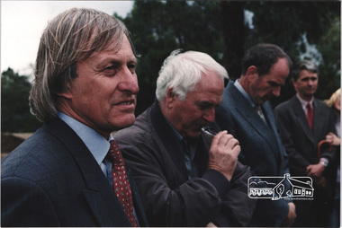 Photograph, L-R: Nillumbik Shire President Robert Marshall with architects Graeme Gunn and Ian Jelbart at the launch of the Kinloch Gardens development, 93 Arthur Street, Eltham, April 1998, April 1998