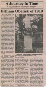 Folder, Eltham Obelisk (later Cenotaph), 1918-2018