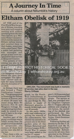 Folder, Eltham Obelisk (later Cenotaph), 1918-2018