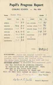 Work on paper (item) - Pupil's Progress Report, Coburg School, Susan Zull, 1961
