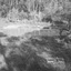 A girl sits on hte edge of a dam filled with water surrounded by grass and bush