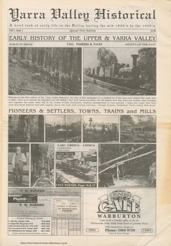 Black and white newspaper with multiple historica images of outdoor views incuding a train, horses used for logging. Text and advertisments for a plumber and a cafe