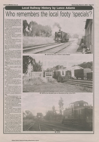 Black and white page from newspaper with text and three photos of trains and train tracks