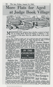 Work on paper - Newspaper article, More flats for aged at Judge Book Village, 11 August 1961