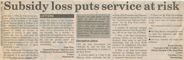 Work on paper - Newspaper article, Diamond Valley News, Subsidy loss puts service at risk, 1 July 1998