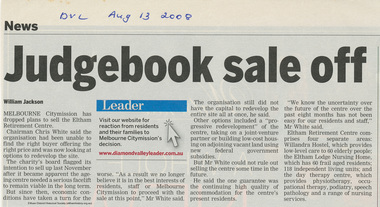 Work on paper - Newspaper article, Diamond Valley News, Judgebook sale off, 13 August 2008