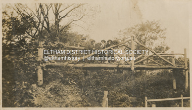 Photograph, "Curry, Byrne, McGeachy & self on rustic bridge, Eltham", 22 Oct 1919
