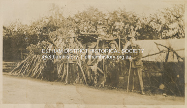 Photograph, "McGeachy, Curry, Byrne & Caffery with an old man who lives there at Eltham", 22 Oct 1919