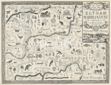 Map, George W. Bell, A Visitor's Guide Map; ELTHAM, WARRANDYTE and Environs. Shire of Eltham Centenary Souvenir, 1971