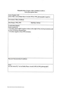 Document - Series Listing, Fraser Faithfull et al, Series 55: Art in Public Places Awards 1992 & 1994, photographic negatives, 2000